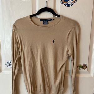 Thin sweater. Tan color with polo embroidery.
